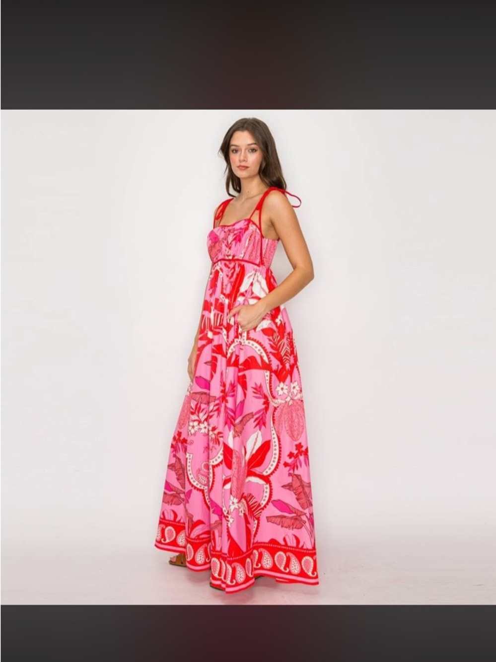Floral Tie-Shoulder Maxi Dress in Pink & Red